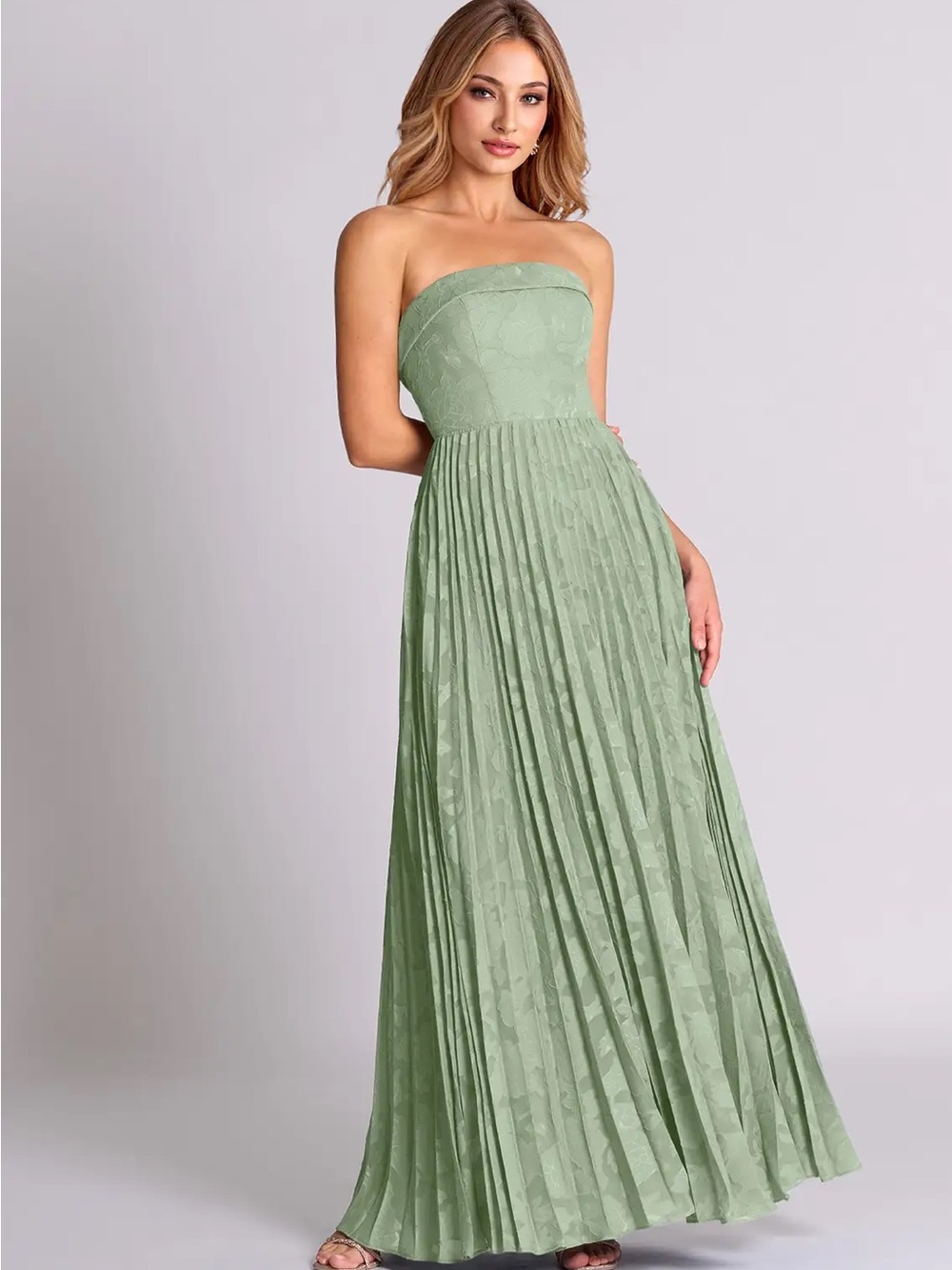 Azazie Strapless Pleated Maxi Dress in Sage